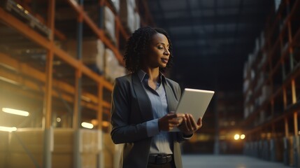 Middle-aged African American woman with tablet PC and checks the statements for the presence of goods. Warehouse accounting.