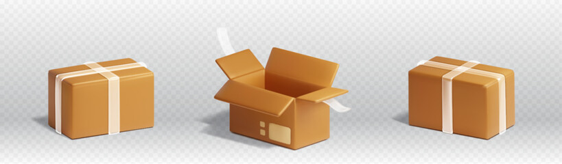 Cardboard boxes for delivery or storage of products - 3d render vector illustration of carton packages for sending by mail. Closed and open brown paper parcel with transparent adhesive tape.