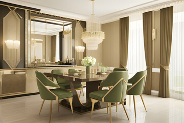 Luxurious trendy dining room interior in art deco style, beige interior with green furniture. Rectangular table with six chairs. 3D rendering. Dining room