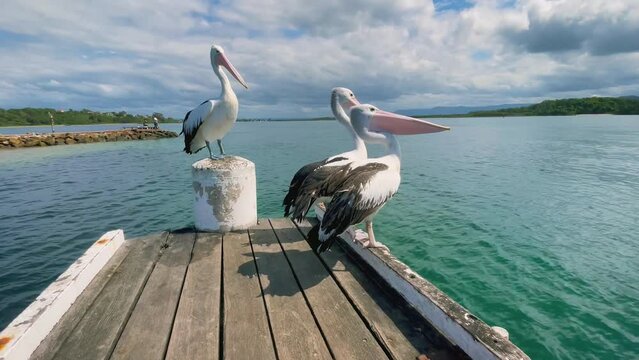 4k Video -Closeup on a group of Pelicans at Crookhaven Heads Boat Ramp on the Crookhaven River in Comerong Bay, Shoalhaven, South Coast, NSW in Australia.