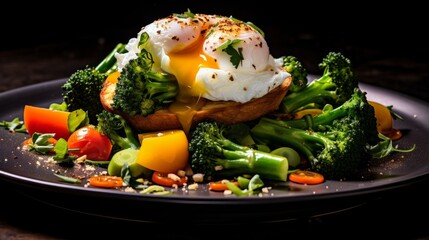 Artistic capture of a poached egg gently resting on a bed of sautéed vegetables | generative ai