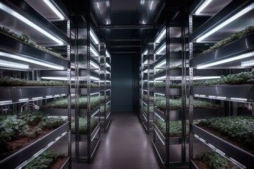 Interior of a vertical farm with neon lights. AI generative