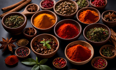 Colorful spices and herbs with empty space  asia. generative AI