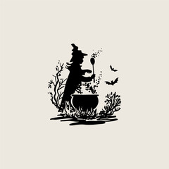 Young witch brews potion. Halloween witch illustration. Hand drawn sketch.