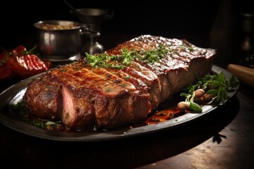 Steak and side dishes on a plate placed on a wooden table.