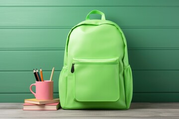Backpack with school supplies and books for study. Back to school.