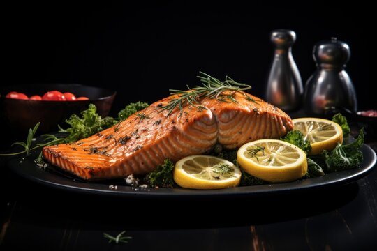 Salmon steaks and side dishes on plate placed on wooden table