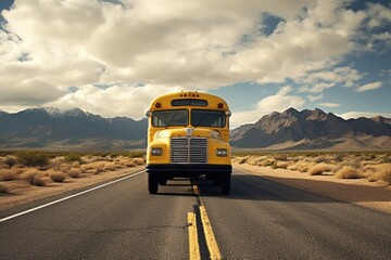 The school bus is driving on a suburban road; beautiful nature in the background.