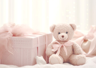 Christmas gifts, teddy bear on in soft pastel shades, creating a feeling of coziness. Advertising project of goods for babies. Banner.