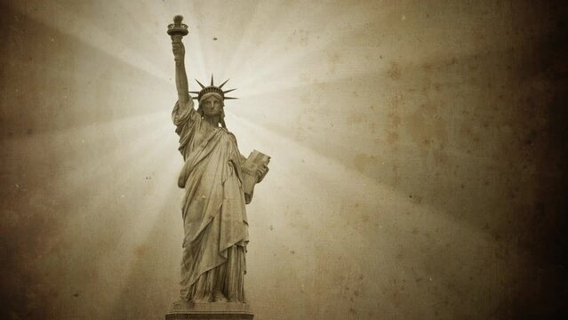 Statue of Liberty in New York City - Ssepia toned time-lapse footage, scratched, old , toned - Statue of Liberty is public domain, so propery release is not required!