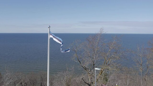 Flag of Estonia waving in front of Baltic sea