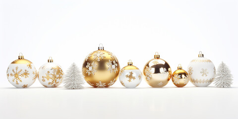 Winter holiday wallpaper. Festive white and gold Christmas ornaments and baubles.