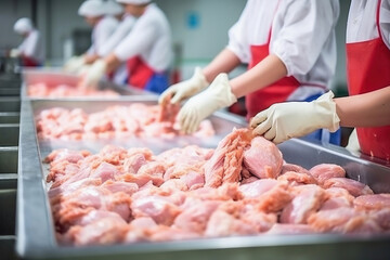 Poultry farm for the production of chicken meat. Industrial production and packaging of chicken meat. People process and sort chicken meat on a conveyor. modern food industry.