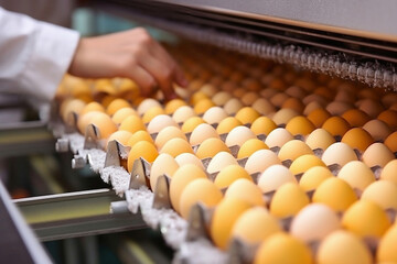 A man in a dressing gown and gloves sorts chicken eggs. Chicken eggs move along the conveyor at the poultry farm. The concept of the food industry, the production of chicken eggs.