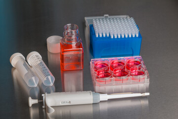 Cell culture media in laboratory for pipet.