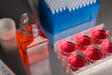 Cell culture media in laboratory for pipet.