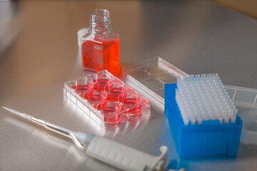 Cell culture media in laboratory for pipet.