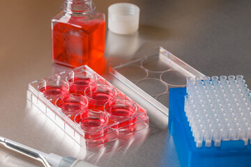 Cell culture media in laboratory for pipet.