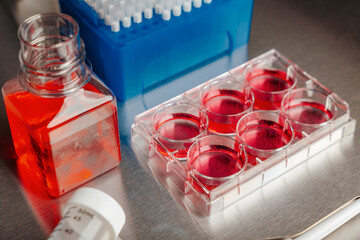 Cell culture media in laboratory for pipet.