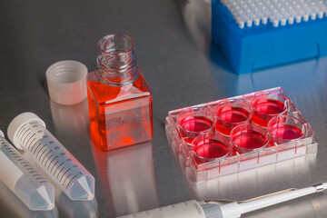 Cell culture media in laboratory for pipet.
