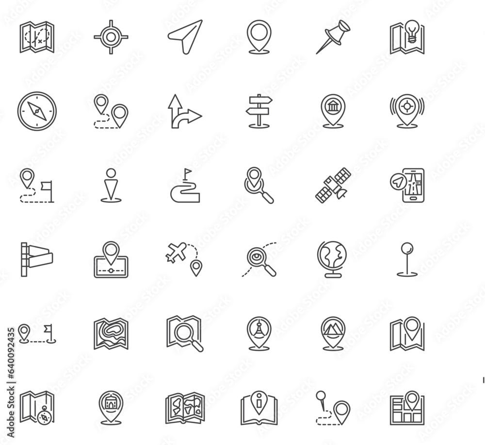 Poster maps and navigation line icons set