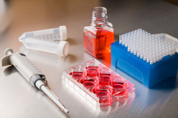 Cell culture media in laboratory for pipet.