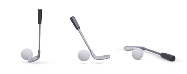 Golf club with ball. Set of realistic vector images. Swing, hit, training. Object in different positions. Sports icons for golf club website. Illustrations for coach service application