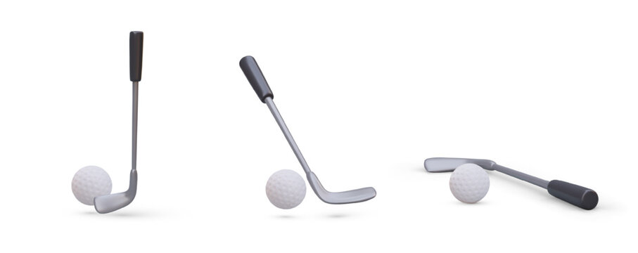 Golf club with ball. Set of realistic vector images. Swing, hit, training. Object in different positions. Sports icons for golf club website. Illustrations for coach service application