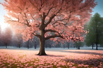  a captivating 3D rendering scene of a single tree undergoing seasonal changes.