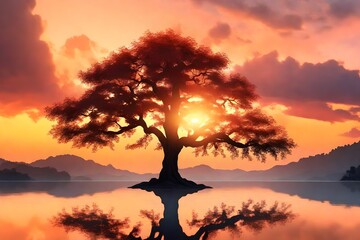 Fototapeta na wymiar a breathtaking 3D rendering scene of a single tree as a silhouette against a colorful sunset sky.
