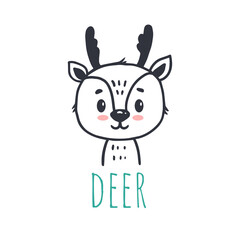 funny deer in cartoon style. Forest animal. Doodle illustration of deer head for cards, magazins, banners. 