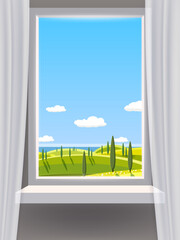 Naklejka premium Window view interior, rural landscape, country nature