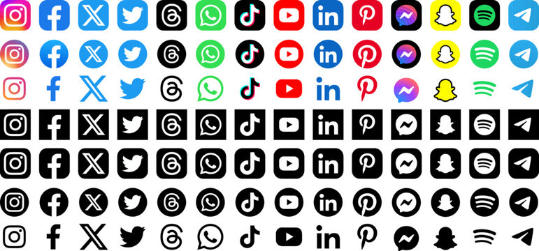 Social media icons pack. Instagram, Facebook, Twitter X, Threads, WhatsApp, TikTok, YouTube, LinkedIn, Snapchat logo set. Vector editorial illustration