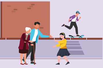 People going along city street. Urban panorama with pedestrians, cyclists, buildings, trees and road. Horizontal cityscape concept. Colored flat vector illustration isolated. 