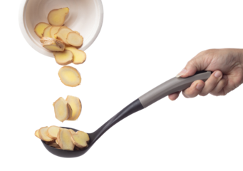 Ginger fall fly in turner, fresh vegetable spice ginger falling. Organic fresh herbal ginger root head cut chop slice, close up texture. White background isolated freeze motion high speed shutter