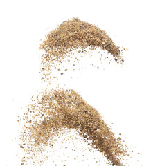 Big size Sand flying explosion, Golden grain wave explode. Abstract cloud fly. Yellow colored sand splash throwing in Air. White background Isolated high speed shutter, throwing freeze stop motion