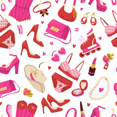 Seamless pattern in Modern trendy doll style. Pink accessories and clothes of a fashionable girl.  Vector illustration for paper and textile products.