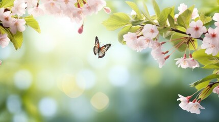 Pink cherry flowers on a blurred background with beautiful bokeh outdoors in nature on a fresh natural green spring background with blossoming sakura branches and fluttering butterflies wide format - obrazy, fototapety, plakaty