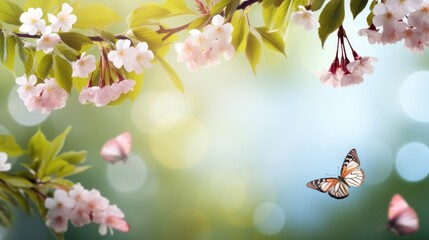 Pink cherry flowers on a blurred background with beautiful bokeh outdoors in nature on a fresh natural green spring background with blossoming sakura branches and fluttering butterflies wide format