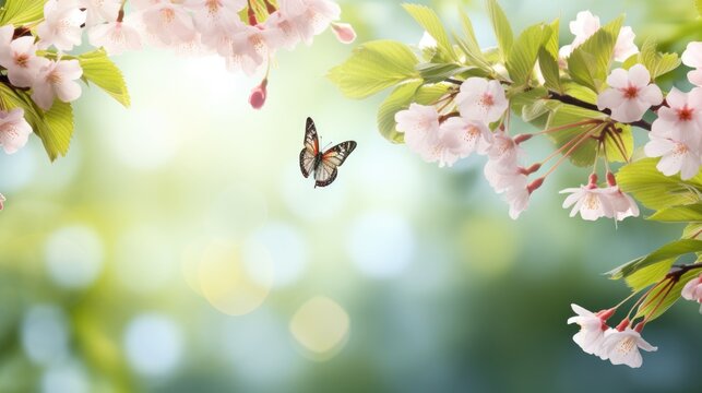 Pink cherry flowers on a blurred background with beautiful bokeh outdoors in nature on a fresh natural green spring background with blossoming sakura branches and fluttering butterflies wide format