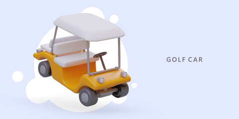 Realistic golf car. Vector horizontal poster in cartoon style. Advertising of golf club with large course. Comfortable rest, active leisure. Sports outside