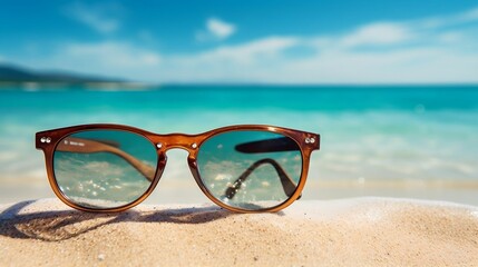 Fototapeta na wymiar Stylish sunglasses on sandy beach, sparkling sea in distance