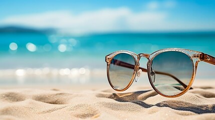 Fototapeta na wymiar Stylish sunglasses on sandy beach, sparkling sea in distance