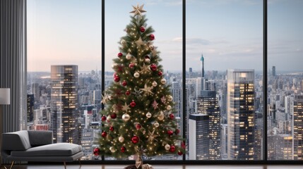 Interior of a house with a Christmas tree and city views