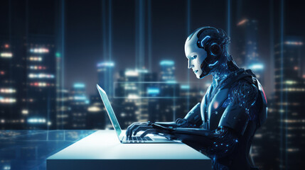 Artificial intelligence robot working at computer in office. IT team, Humanoid support center, Futuristic worker, Work at call center. Generative AI