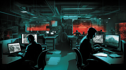 AI-Generated Hacker at Workstation Conducting Cybercrime in Futuristic Setting