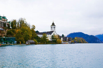 View of alpine village St. Gilgen and Wolfgangsee lake, Austria.
