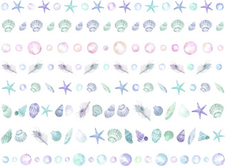 カラフルな貝殻の水彩画ラインイラストセット