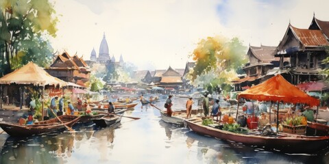 illustration of floating market, generative AI - obrazy, fototapety, plakaty