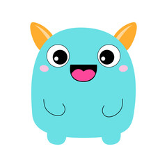 Monster. Happy Halloween. Cute head face with horns, tongue. Blue silhouette monsters. Cartoon kawaii funny boo character. Childish baby collection. T-shirt design. White background. Flat design.